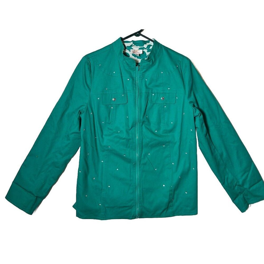 Quacker Factory Women's Denim Jacket Size Medium Teal Blue Jeweled, Zip, Lined